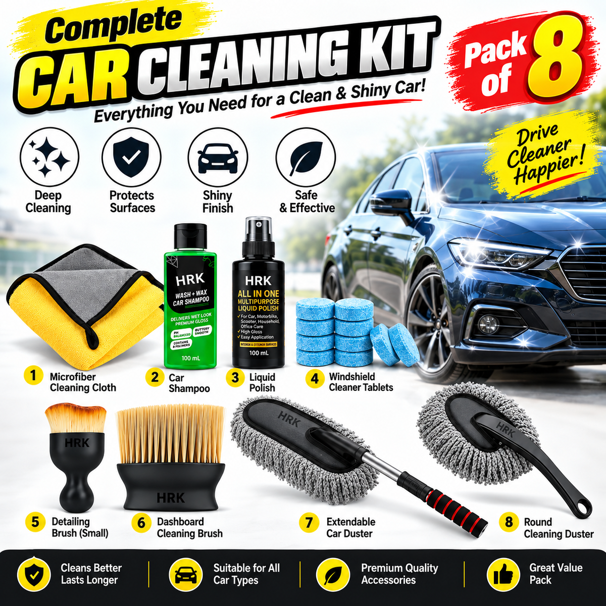 8-Piece Car Cleaning Kit – Duster, Cleaning Brushes, Cloth, Polish & Glass Tablets