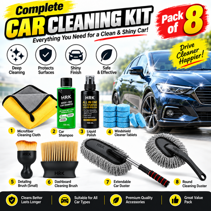 8-Piece Car Cleaning Kit – Duster, Cleaning Brushes, Cloth, Polish & Glass Tablets
