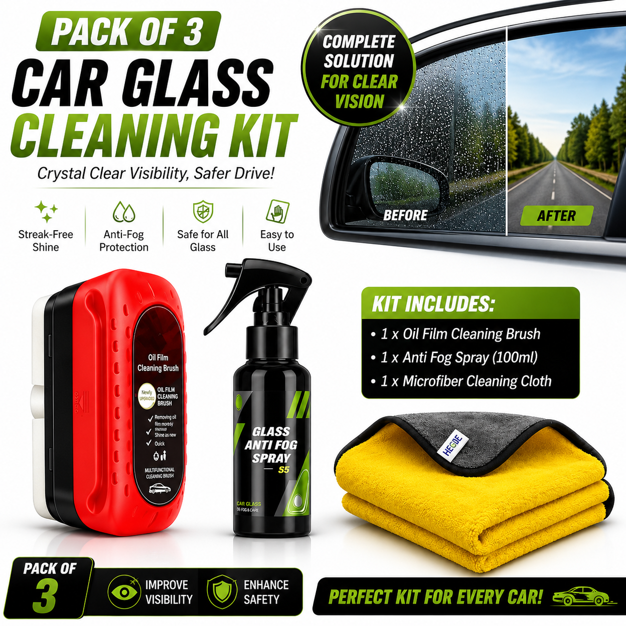 Pack of 3 Car Glass Cleaning Kit