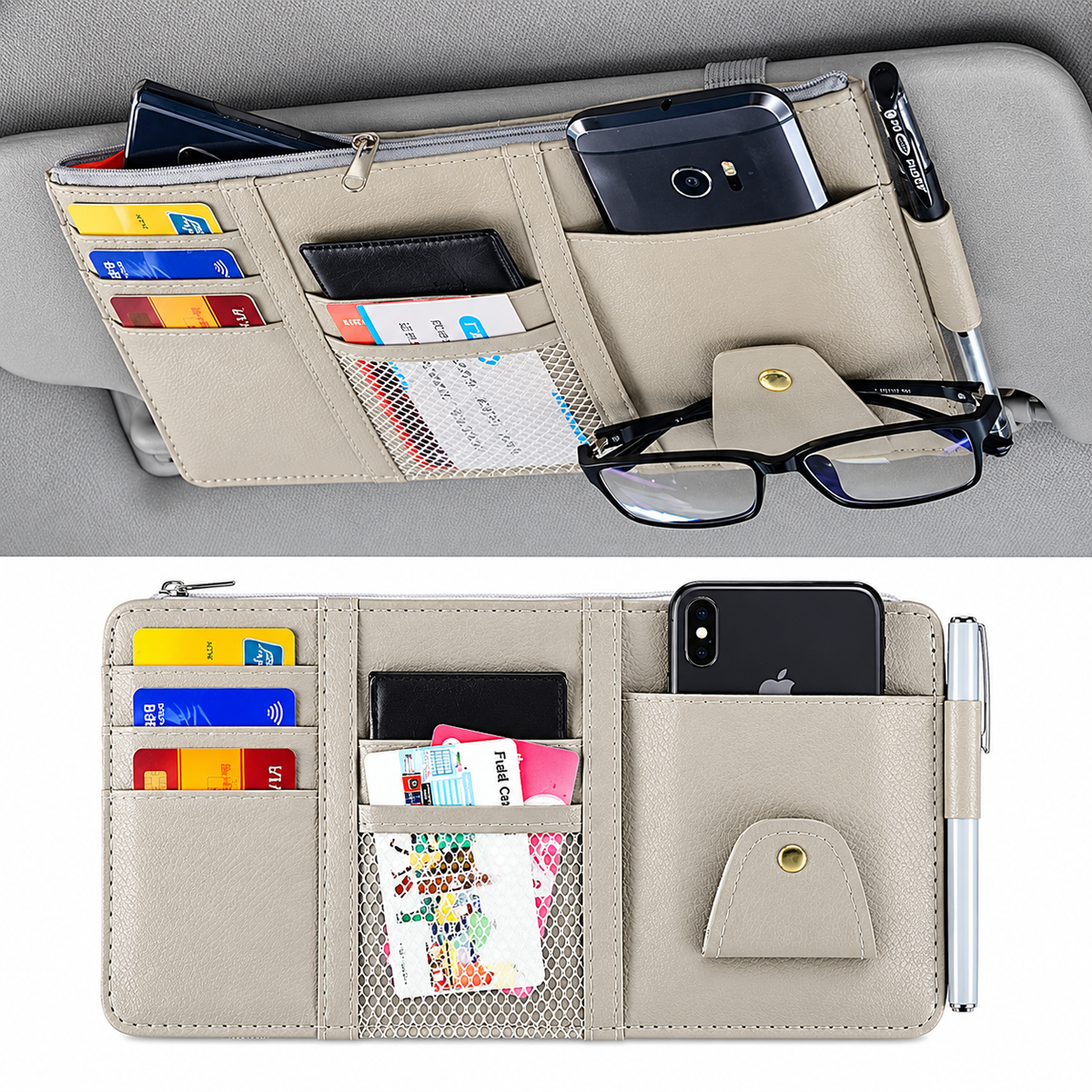 Car Sun Visor Organizer – Multi-Pocket PU Leather Storage Pouch