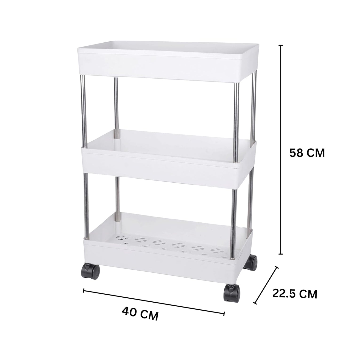 Multipurpose Storage Organizer Slim Rack Shelf With Wheels (White, 3 Layer)