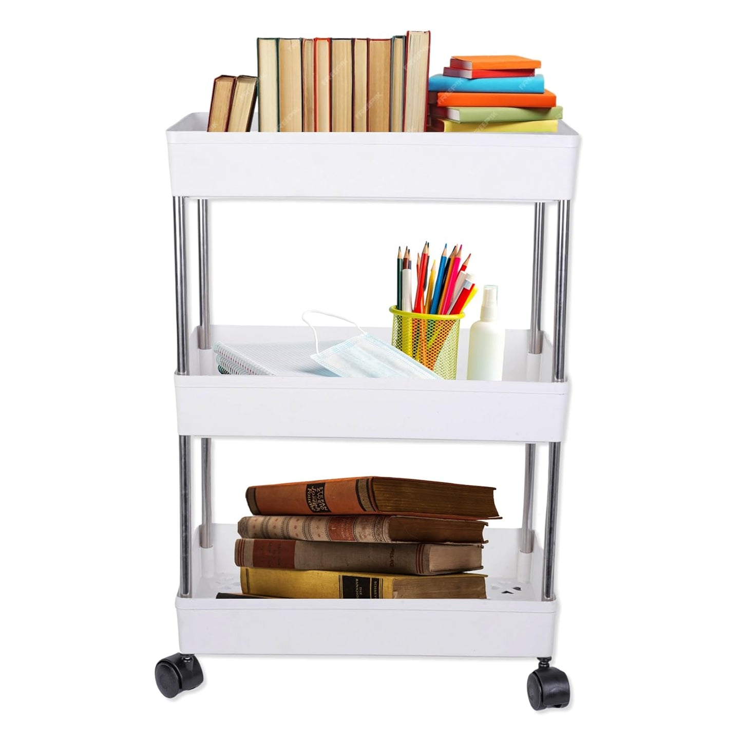 Multipurpose Storage Organizer Slim Rack Shelf With Wheels (White, 3 Layer)