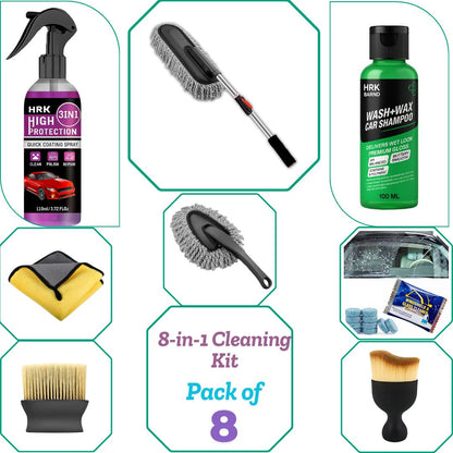 8-Pack Complete Car Cleaning Kit – Car Spray, Car Duster, Mini Duster, Soft Brush, Mini Brush, Towel, Shampoo & Glass Tablets