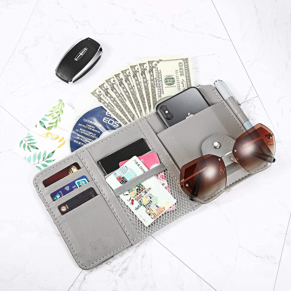 Car Sun Visor Organizer – Multi-Pocket PU Leather Storage Pouch