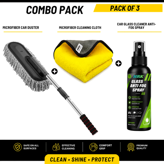 3-in-1 Car Cleaning Combo Pack – Microfiber Car Duster + Microfiber Cleaning Cloth + Car Glass Anti-Fog Spray